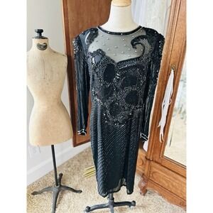 Nite Line Women's Black Beaded Evening Dress Size 14 100% Silk Vintage. STUNNING